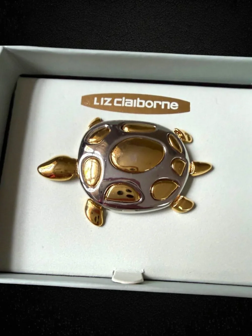 Vintage Y2K Liz Claiborne Sea Turtle Brooch Gold Silver Coastal Pin Boxed